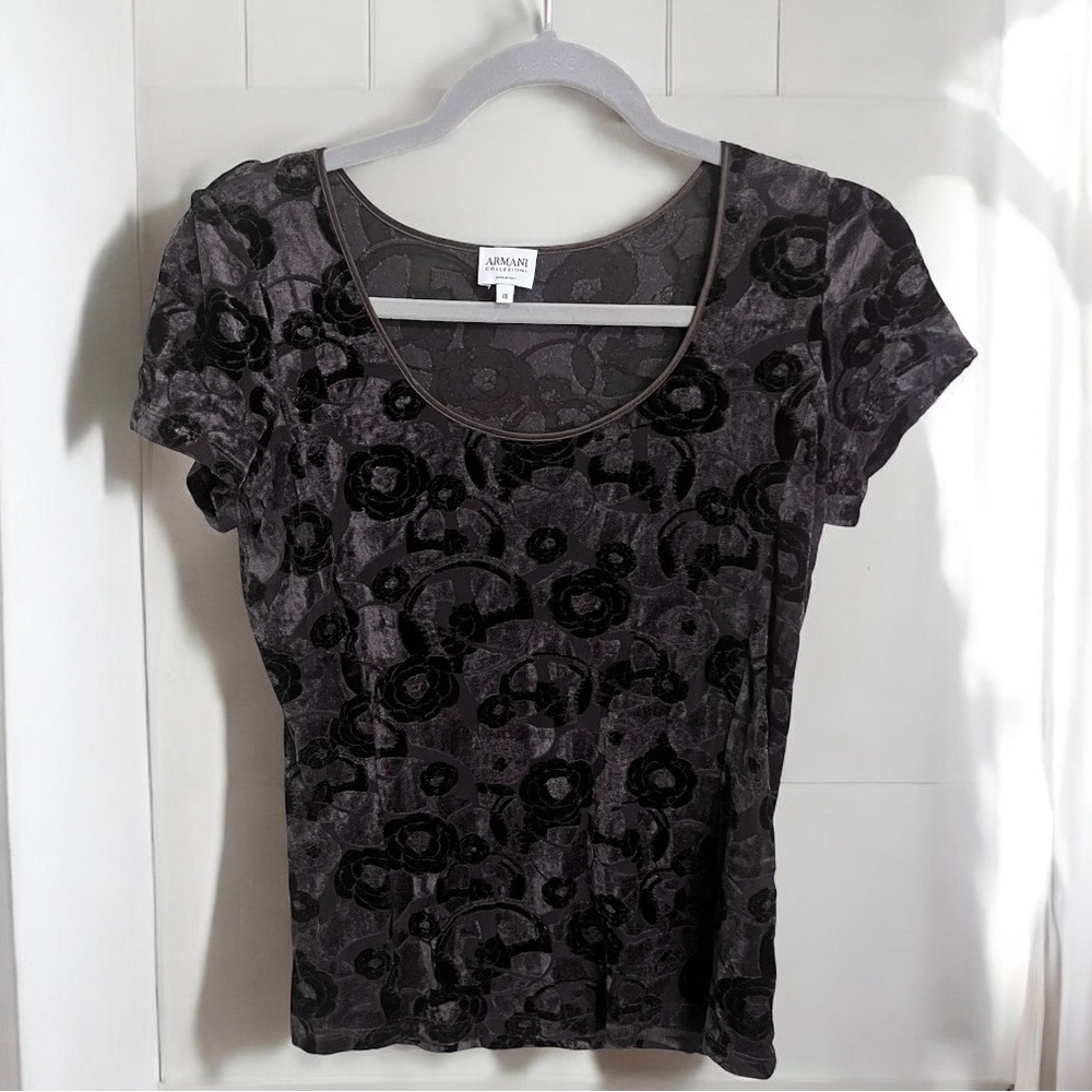 Armani Y2K Brown Crushed Velvet Floral Round Neck Short Sleeve Blouse Top Sz 10